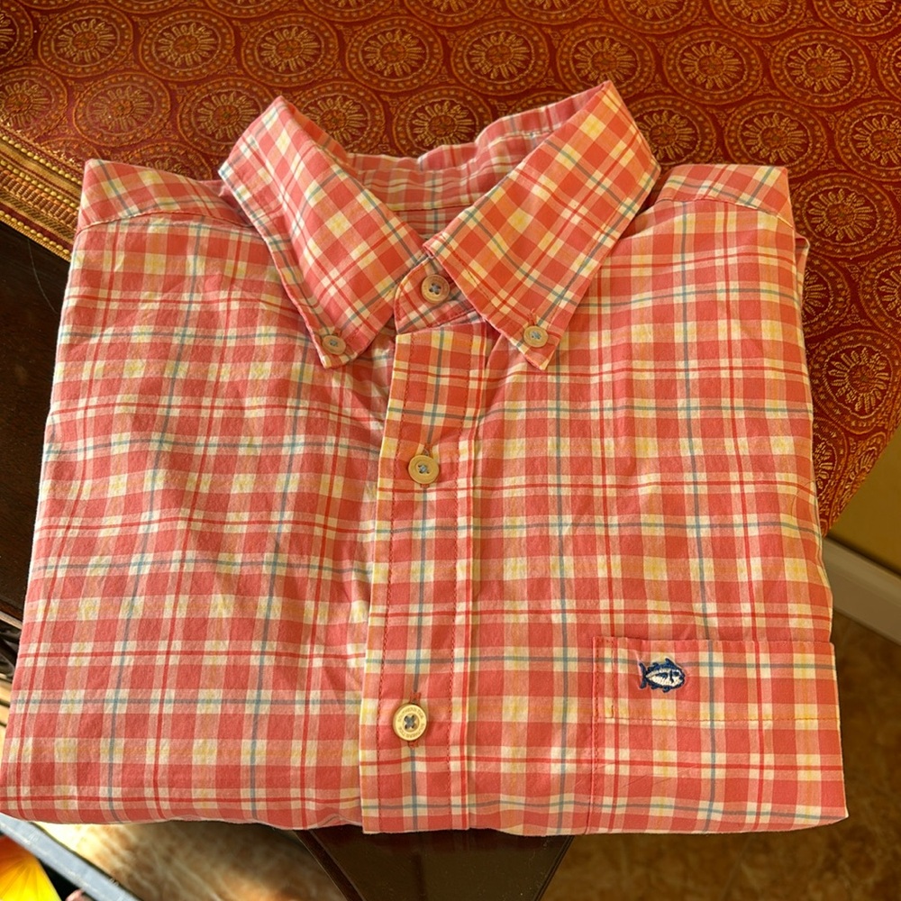 Southern Tide peach plaid button down sz M
